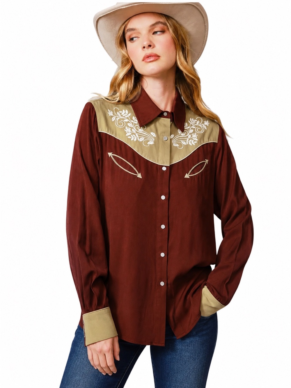 NEW blue b Dark Brown and Pearl Snap White Embroidered Flower Floral Rodeo Shirt